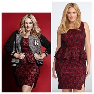 Rebel Wilson For Torrid Dress Sz 18 1X 2X Peplum Lace Red Black Slvlss CHIC